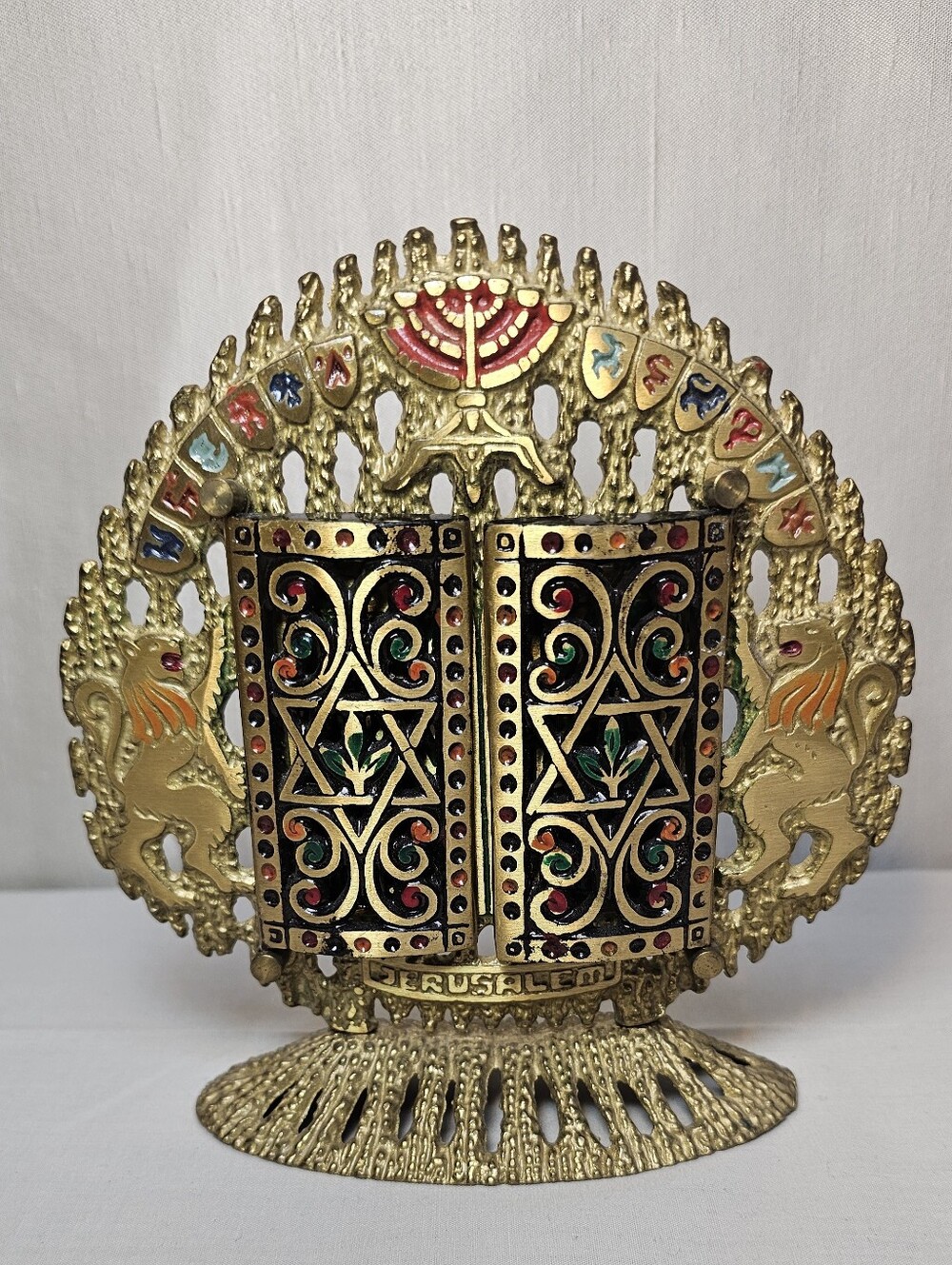 Vintage Wainberg Decorative Jerusalem Brass Menorah with Ten Commandments